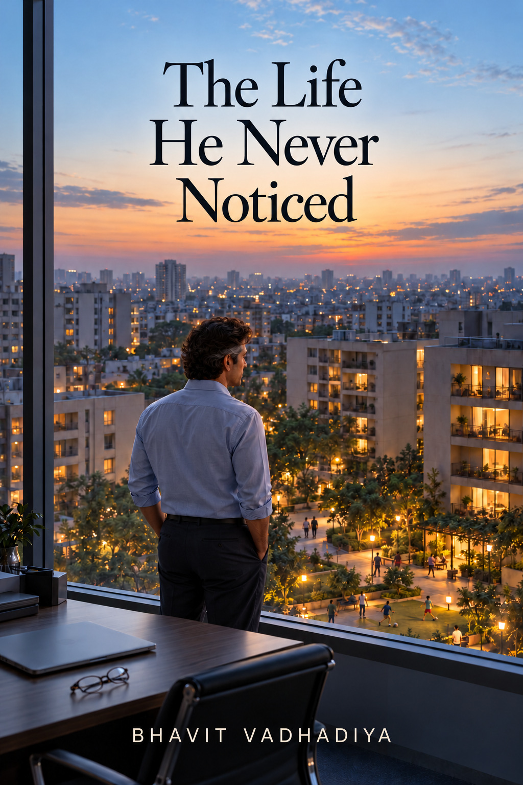 Cover of The Life He Never Noticed by Bhavit Vadhadiya, showing Vineet looking over a city at sunset