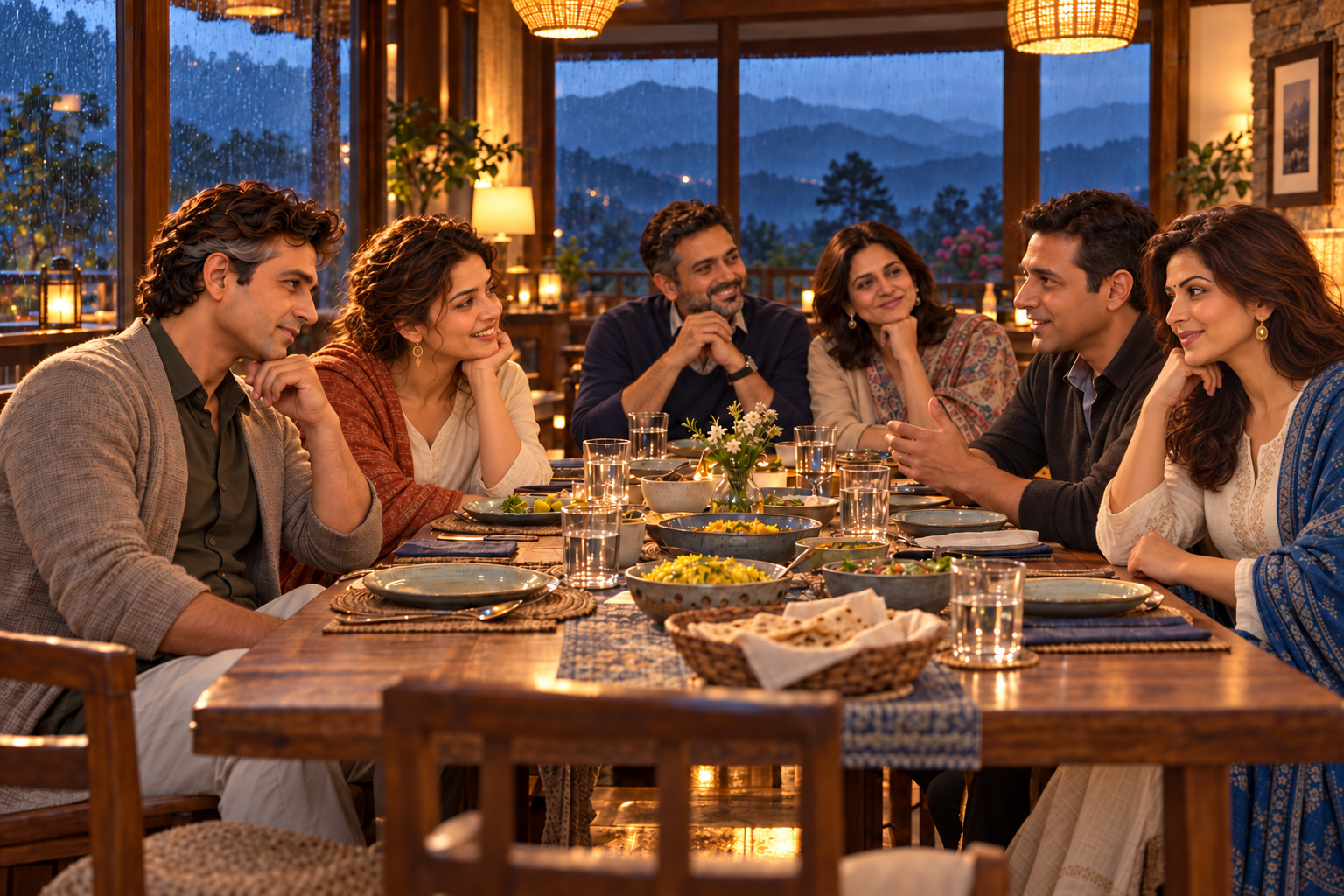 Six friends sharing dinner at a mountain lodge